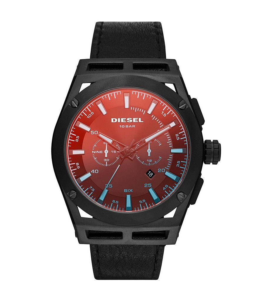 Diesel Timeframe Red Dial Chronograph Black Leather Watch