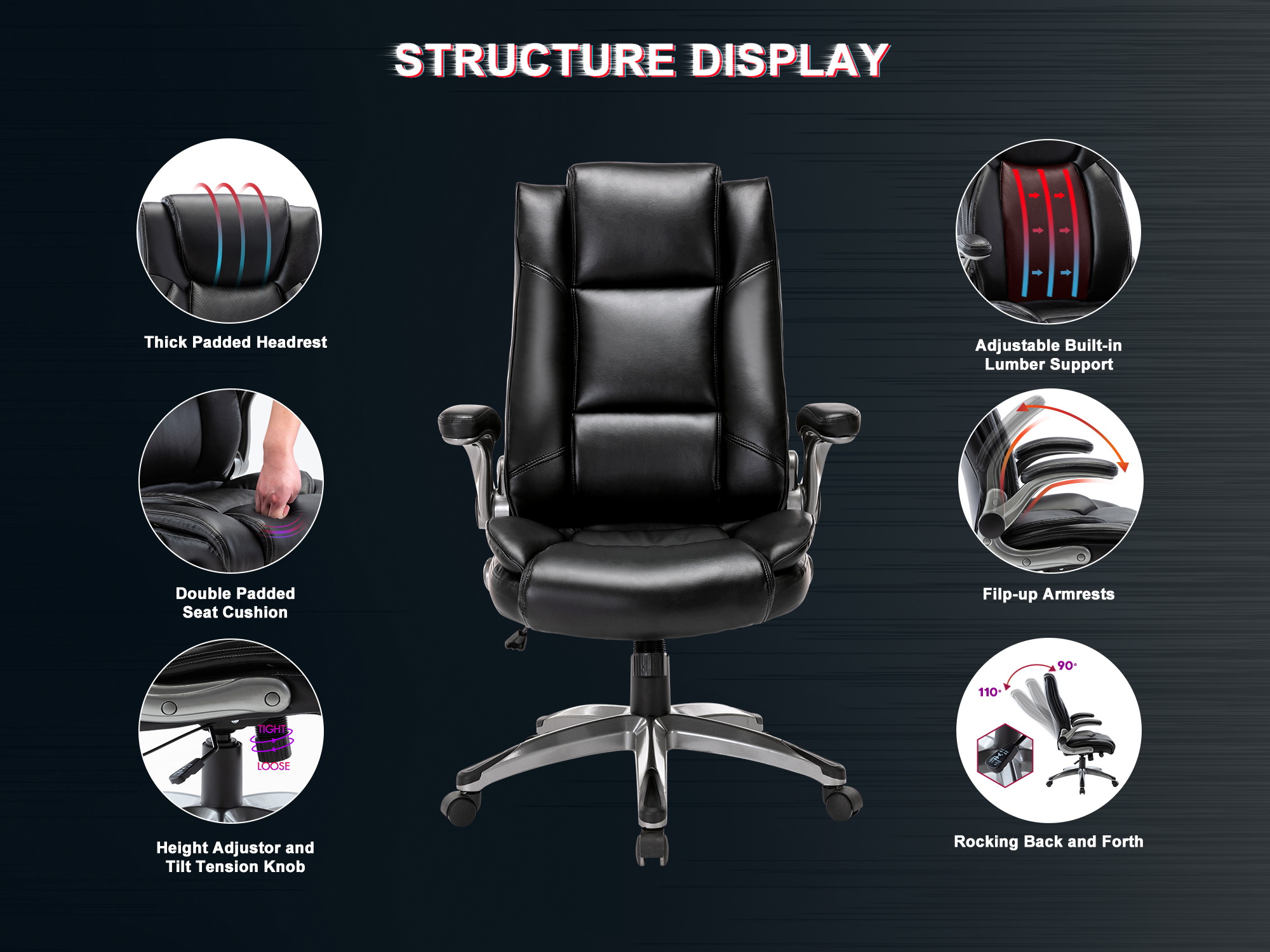 Bonded Leather Multifunctional Office Chair Computer Desk Task Swivel Chair- Adjustable Built-in Lumbar Support, Flip-Up Arms Tilt Angle with Thick Padded Armrest and Headrest for Home&Office