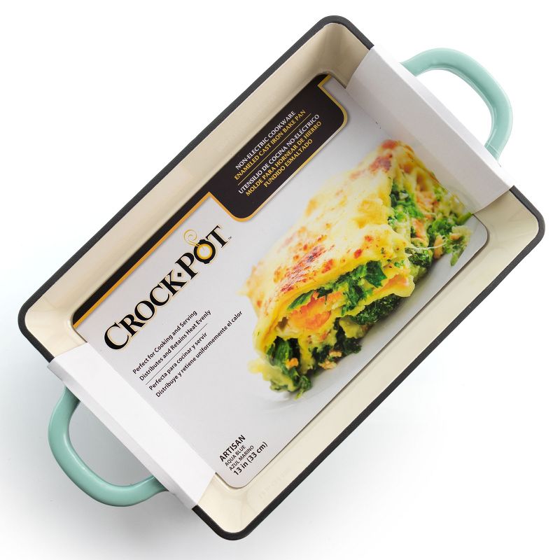 Crock Pot Artisan 13 Inch Rectangular Enameled Cast Iron Bake Pan in Aqua Blue
