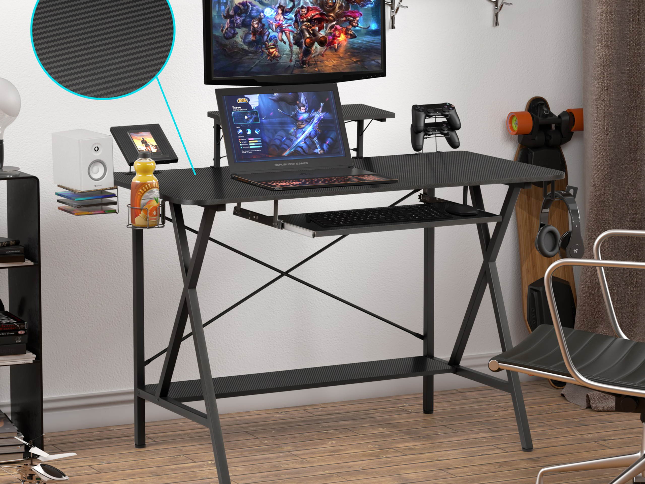 47" Gaming Desk Table, E-Sports Computer Desk with PC Stand Shelf Keyboard stand Power Strip with USB Cup Holder & Headphone Hook Home Office Desk Gamer Desk Writing Table, Carbon Fiber Coated Black