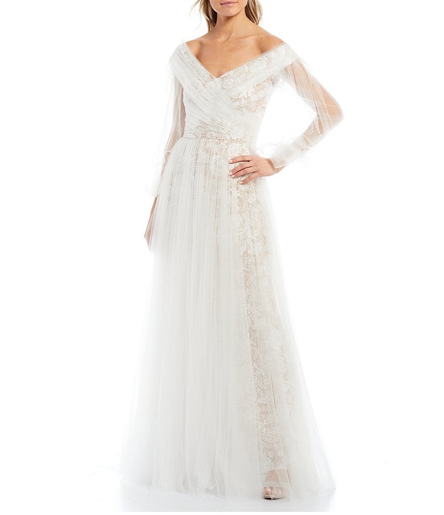 Tadashi Shoji Lace Tulle Layered Off-the-Shoulder Balloon Sleeve Bridal Ball Gown