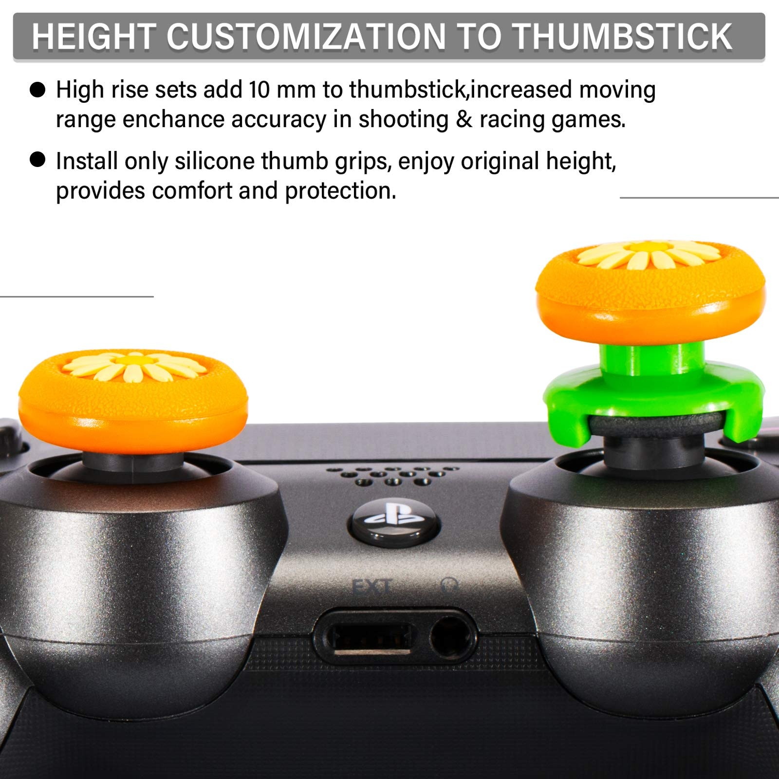 FPS Thumbstick Extender & 3D Texture Rubber Silicone Grip Cover 2 Sets for PS5 Dualsenese & PS4 Controller (Daisy Orange)