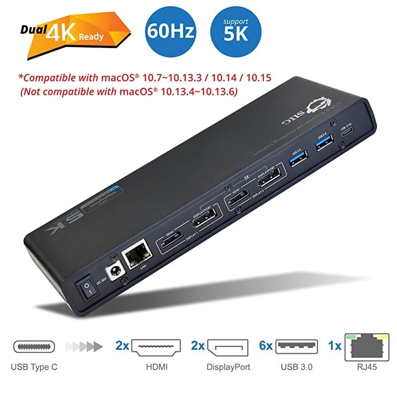 USB Type C 4K Dual Monitor Docking Station - Dual 4K@60HZ or Single 5K@60Hz Video Laptop Dock - Thunderbolt 3 Compatible (2 HDMI, 2 DisplayPort Outputs, Gigabit Ethernet, 6 USB 3.0 Ports)