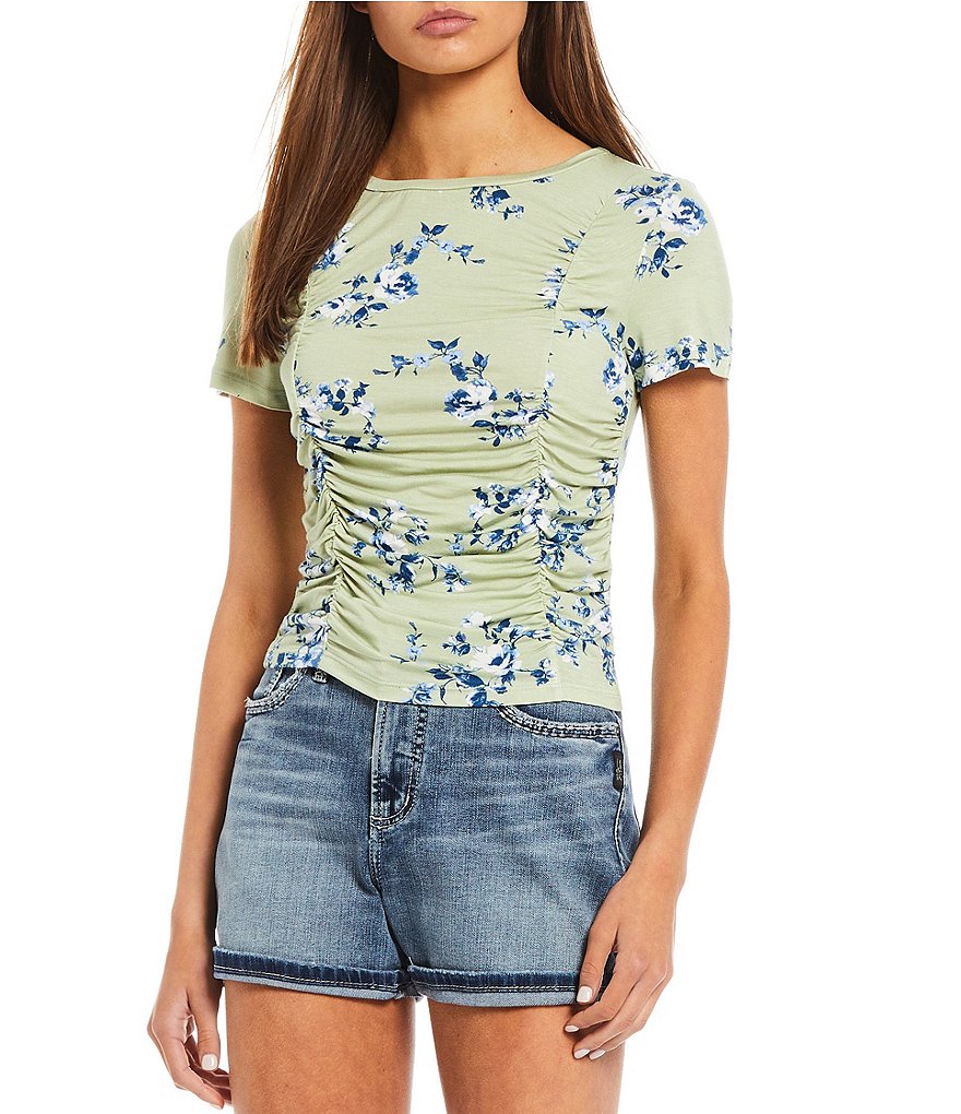 Good Luck Gem Floral Mesh Ruched Short Sleeve Top