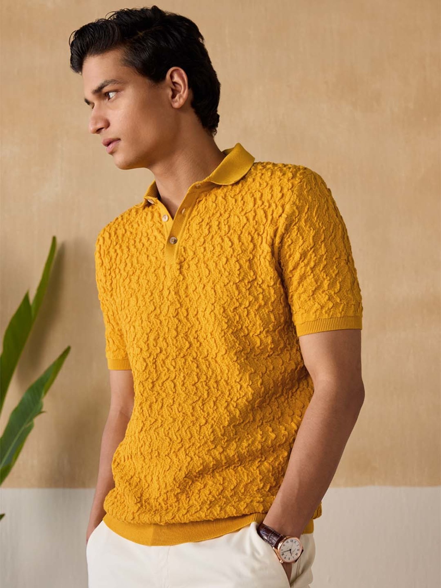 Andamen Yellow Cotton Regular Fit Self Pattern Polo T-Shirt