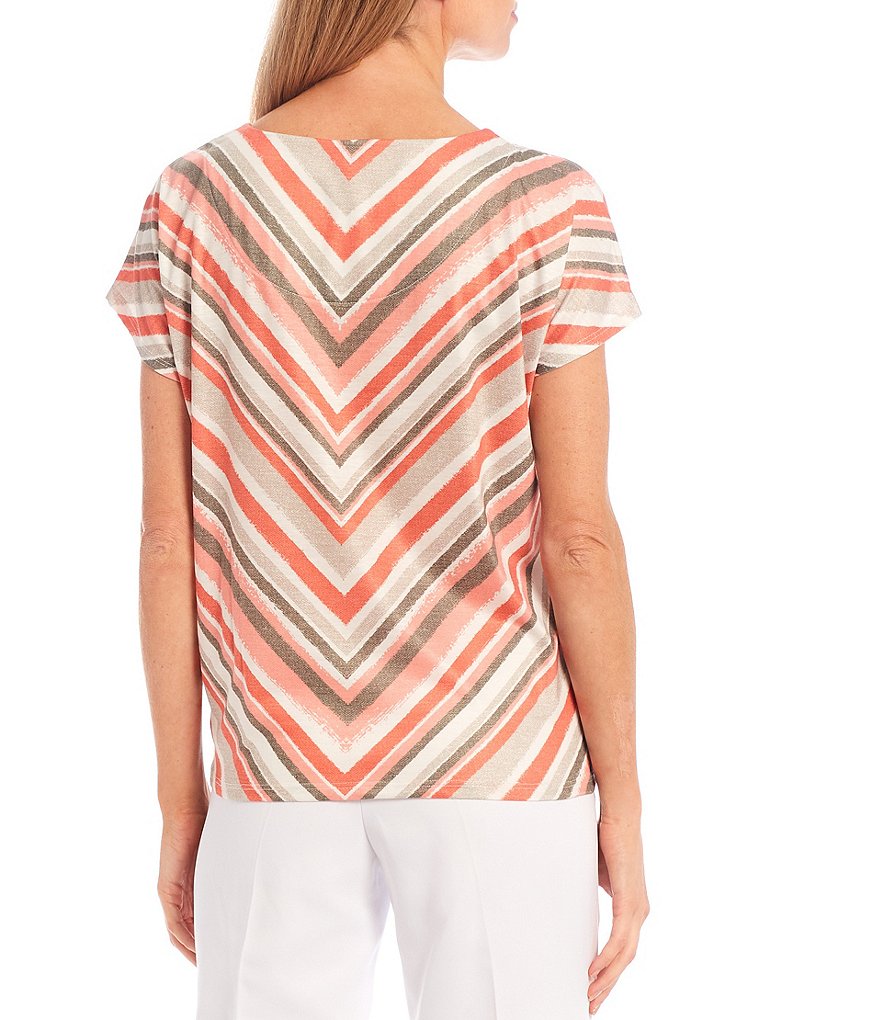 Allison Daley Petite Size Miter Stripe Crinkle Knit Ring Keyhole Neck Detail Cap Sleeve Tie-Front Top