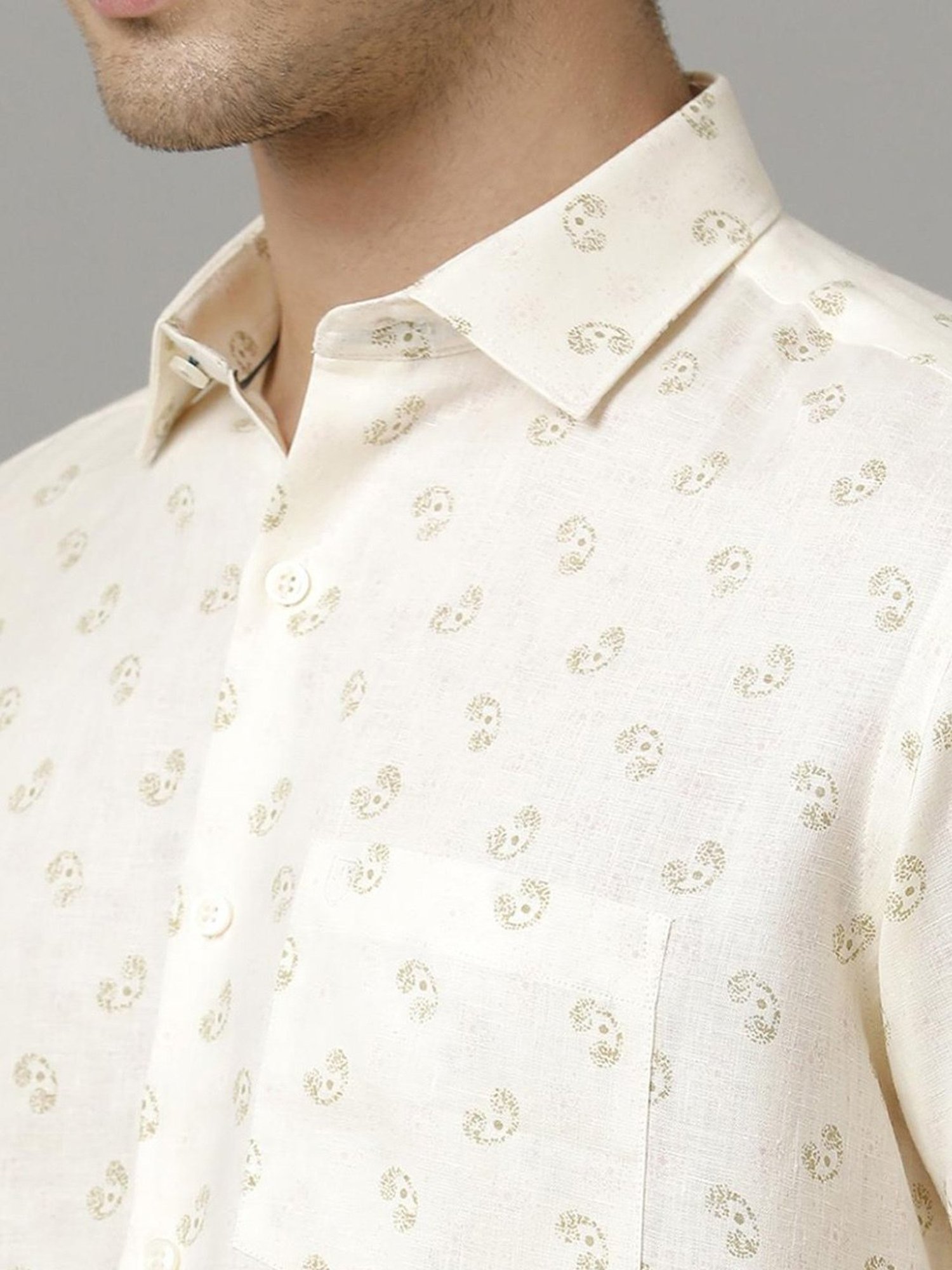 Linen Club Beige Linen Contemporary Fit Printed Shirt