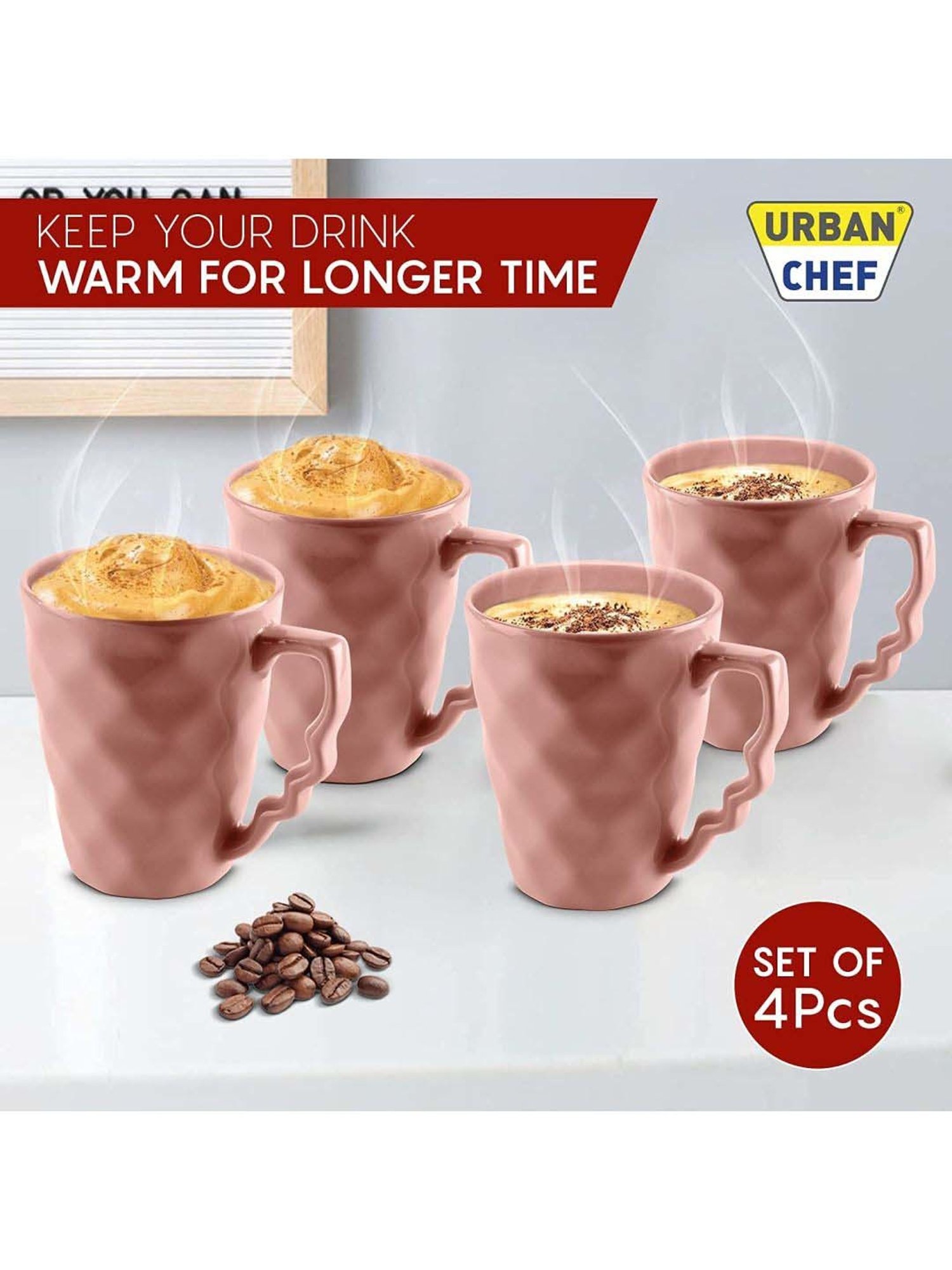 Urban Chef Pink Ceramic Microwave Safe Coffee Mug (0.225 L) - Set of 4