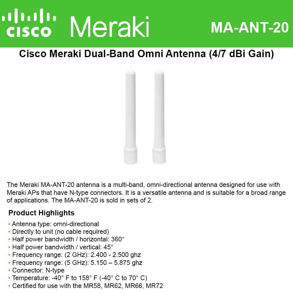 Cisco Meraki Dual-Band Omni Antenna (4/7 dBi) for MR66 & MR72 access points, 2-Pack Antenna Kit MA-ANT-20