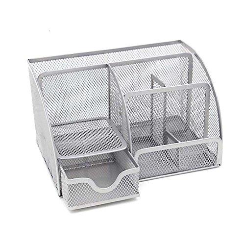 VANRA Office Supply Caddy Metal Mesh Desktop Supplies Organizer School Supply Holder Stuff Storage Organizer 6 Compartments with Drawer (Silver)