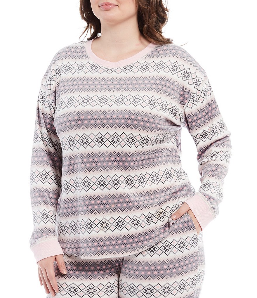 Kensie Plus Fair-Isle Print Velour Coordinating Pajama Set