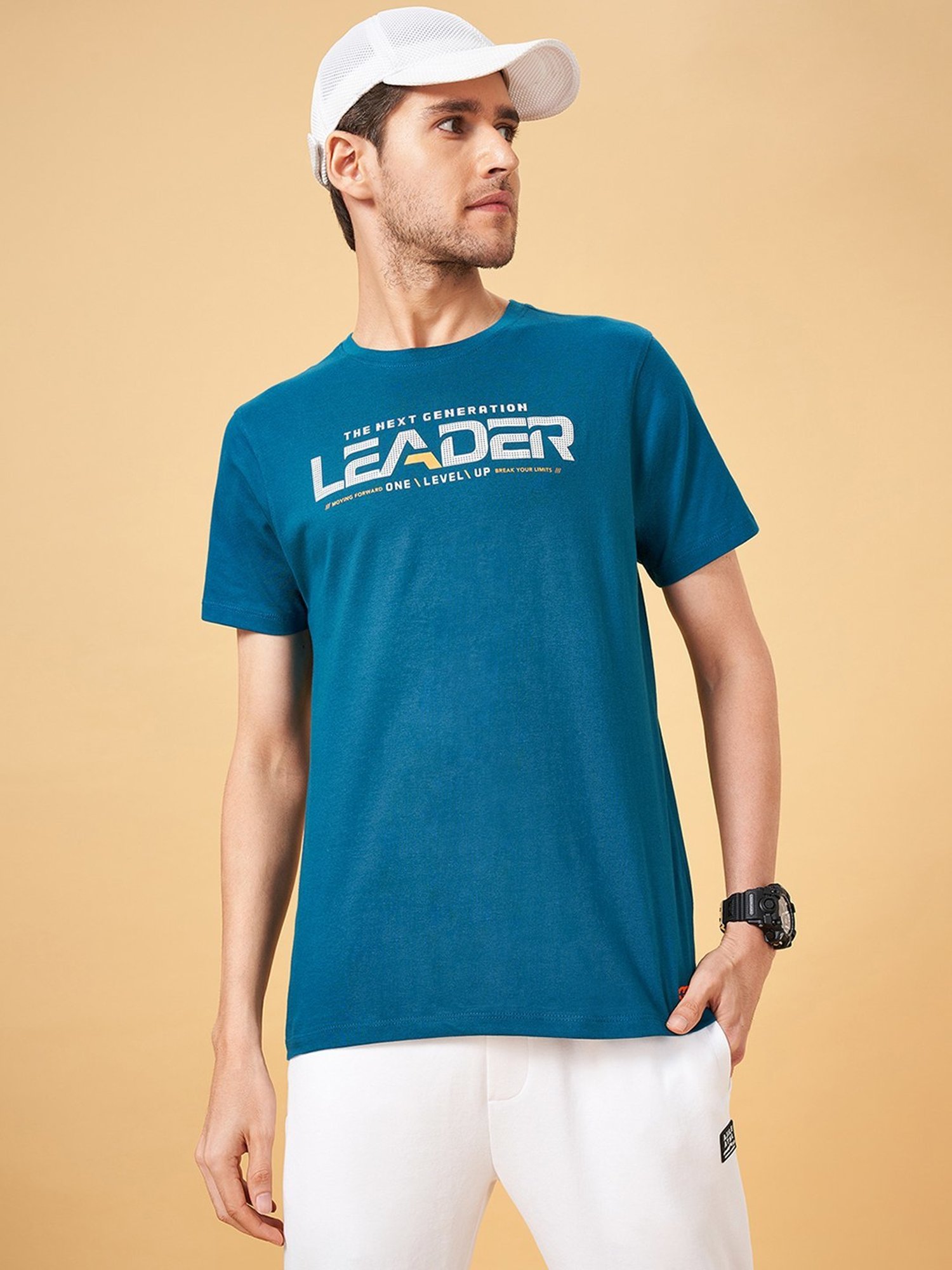 Ajile by Pantaloons Bottle Green Cotton Slim Fit Printed Sports T-Shirt