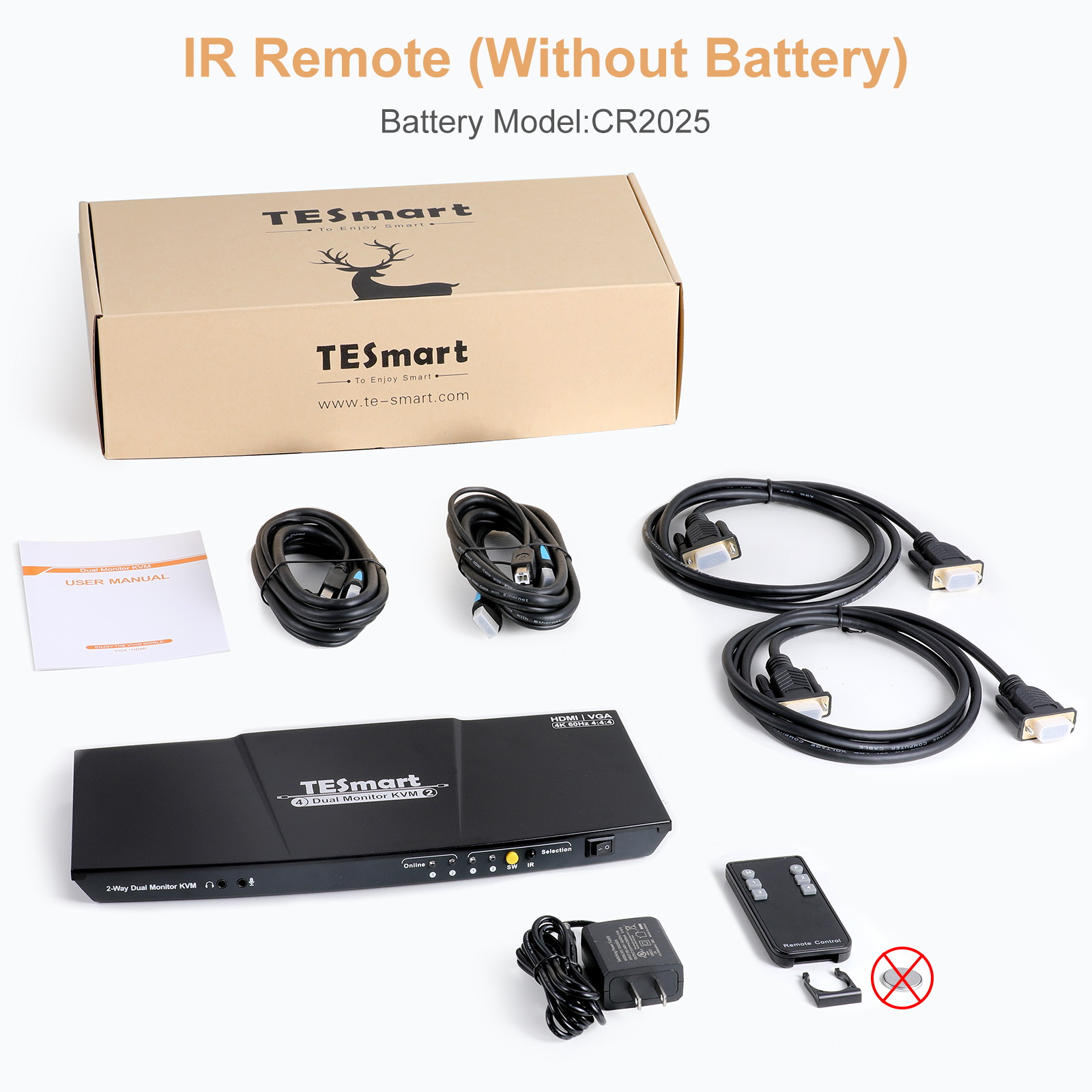 TESmart KVM Switches Dual Monitors 2x2 (VGA + USB) Port KVM Switch 4K 60Hz Control 2  Devices and 2 Monitors with 2 pcs HDMI KVM Cables