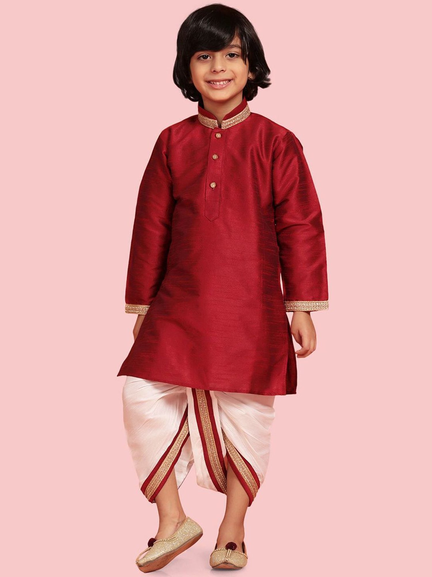 AJ Dezines Kids Maroon & White Embroidered Full Sleeves Kurta Set