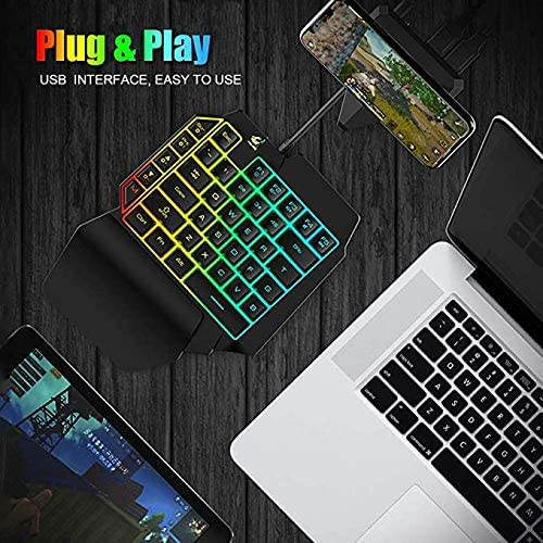 One Hand Gaming Keyboard and Mouse Combo, 39 Keys Wired Mechanical Feel Rainbow Backlit Half Keyboard, Support Wrist Rest, USB Wired Gaming Mouse for LOL/PUBG/Wow/Dota/OW/Fps Game