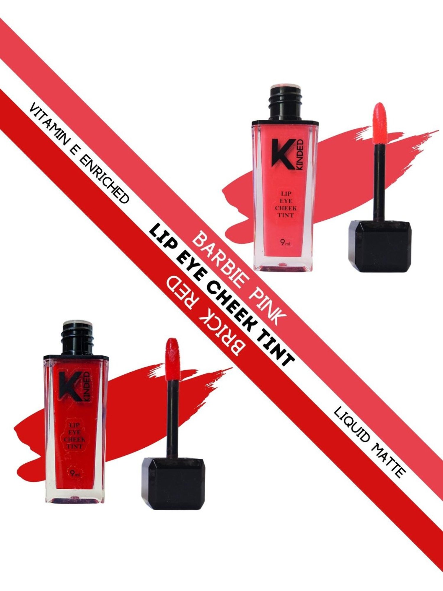 KINDED Lip Eye Cheek Tint Barbie Pink & Brick Red Combo