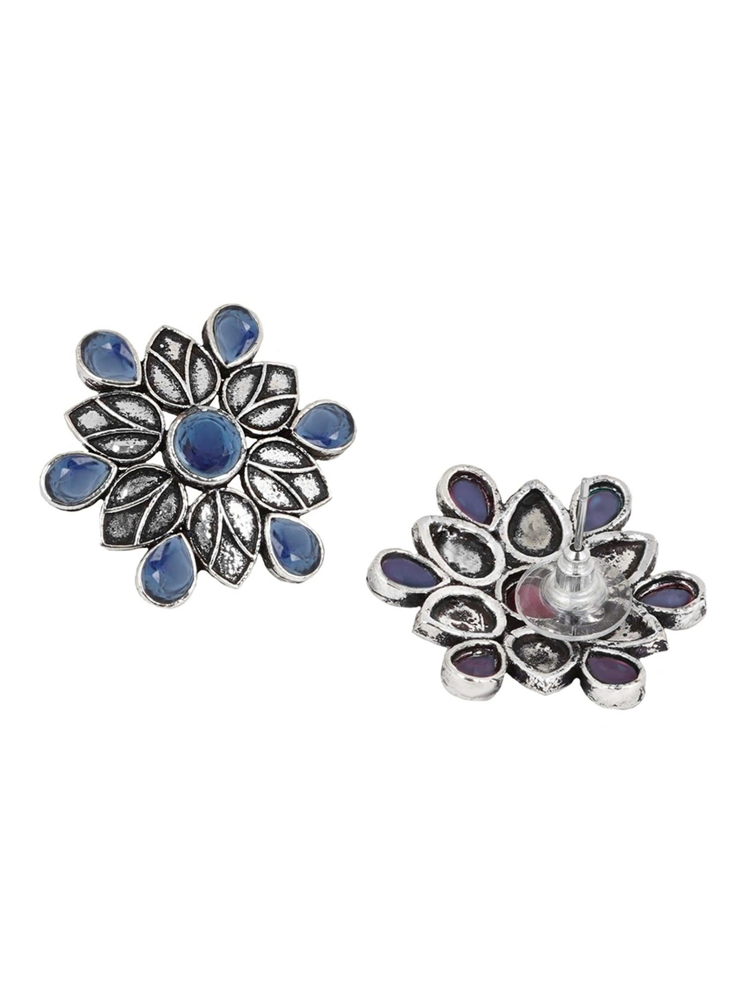 Teejh Ethnic Aashini Blue Stone Silver Oxidized Stud Earrings
