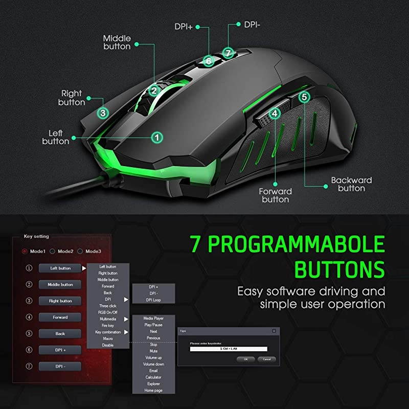 Gaming Mouse Wired 7200 DPI Programmable Breathing Light Ergonomic Game USB Computer Mice RGB Gamer Desktop Laptop PC Gaming Mouse 7 Buttons for Windows 7810XP Vista Linux Black
