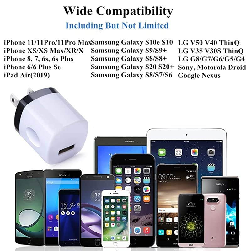 Wall Charger,  1Amp 5V One Port Power Adapter 5 Pack USB Plug Cube Block Box Compatible iPhone 12 11 Xs XR X 8 7 6S 6 Plus 5, Samsung S21 S20 S9 S8 Note 20/9/8 S7 Edge, LG G7, Google, BlackBerry
