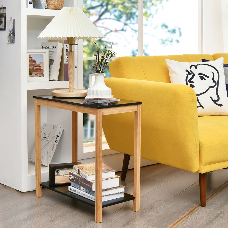 Costway Bamboo Side Table 2-Tier Sofa End Console Table w/ Storage Shelf Bedroom