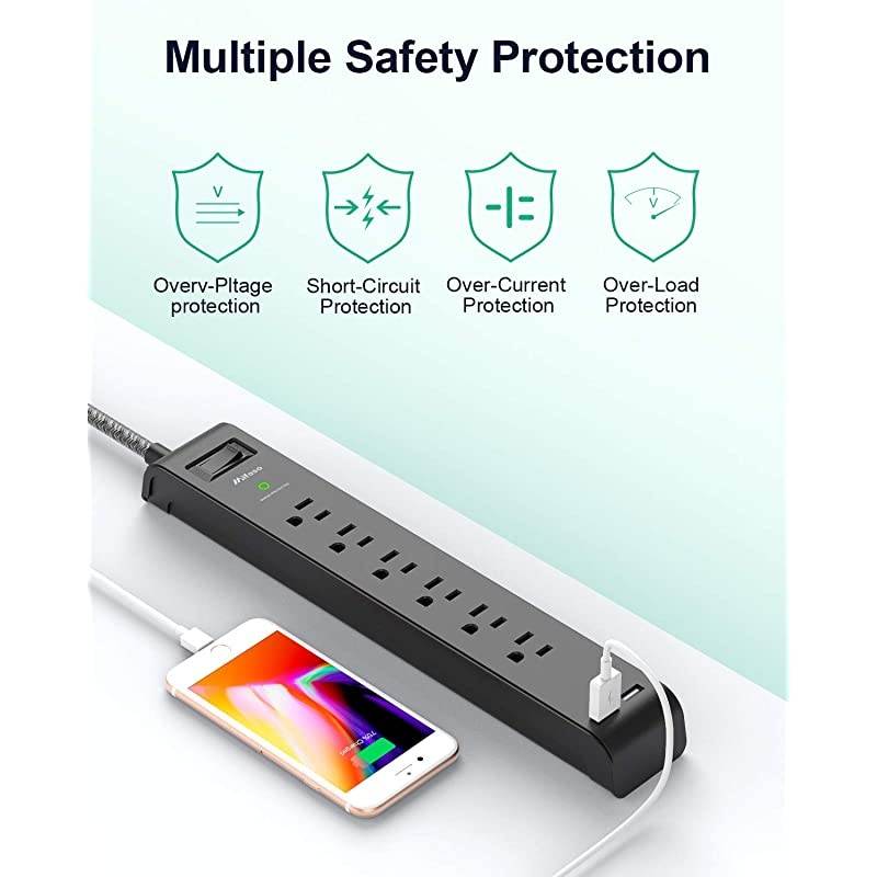 Pack Surge Protector Power Strip with 6 Outlets USB Ports 5Foot Long HeavyDuty Braided Extension Cords Flat Plug 900 Joules 15A Circuit Breaker Wall Mount for Home Office