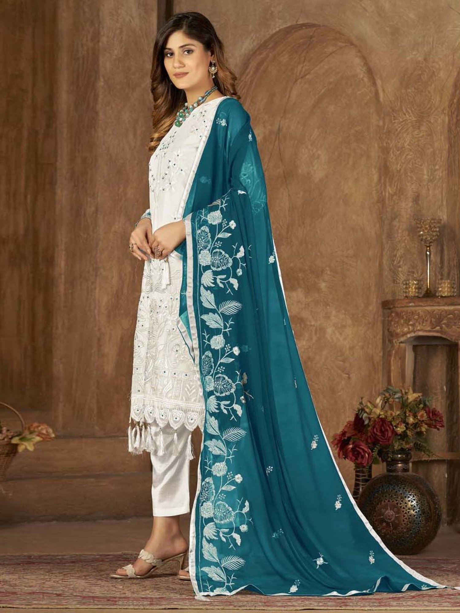 Warthy Ent White Embroidered Semi Stitched Dress Material