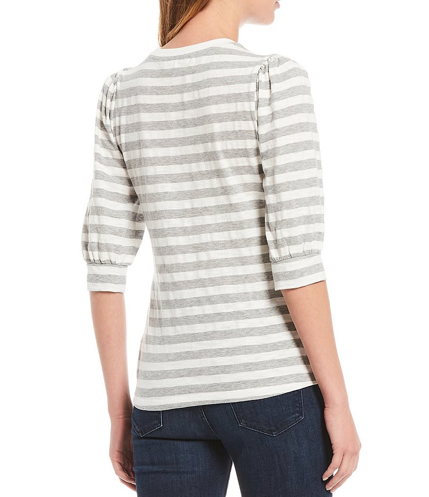 A Loves A Banded Puff Sleeve Knit Striped Tee