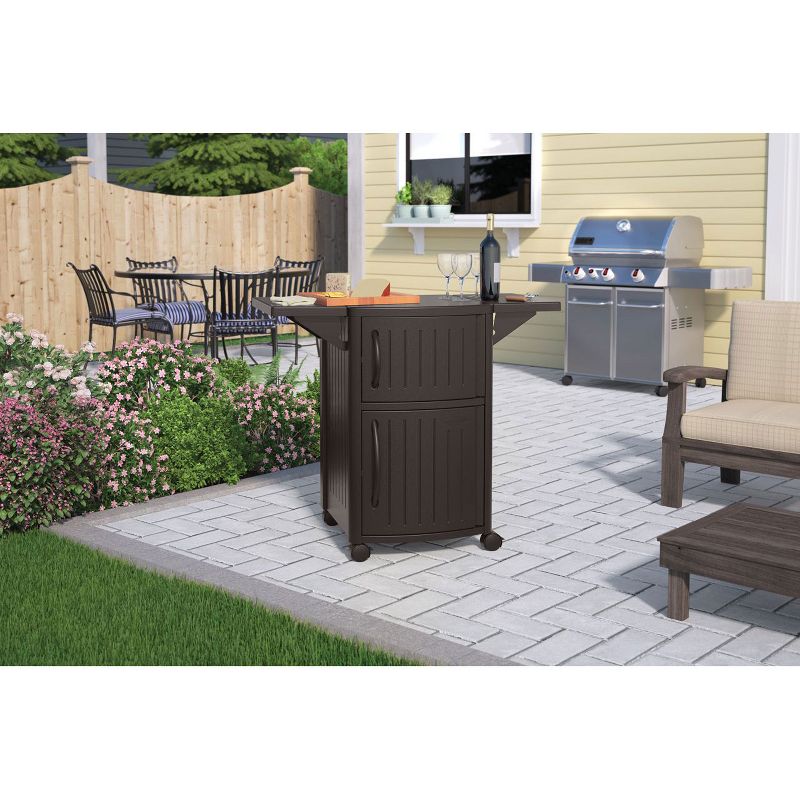 Suncast DCP2000 Portable Outdoor Resin Patio Grilling Entertainment Serving Prep Station Table with Cabinet Storage and Drop Leaf Extensions, Brown