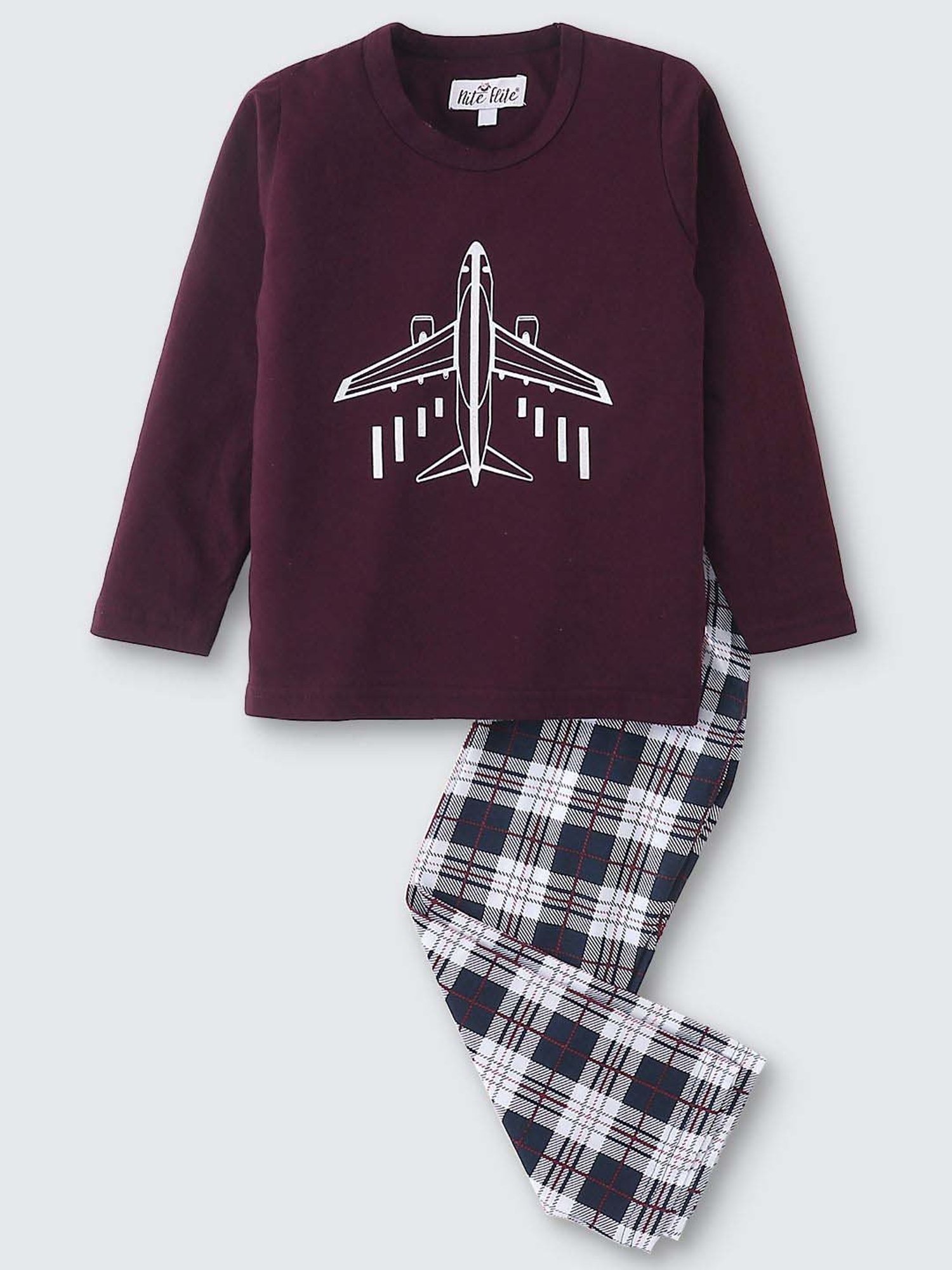 Nite Flite Boys Maroon & Navy Cotton Printed Full Sleeves T-Shirt Set