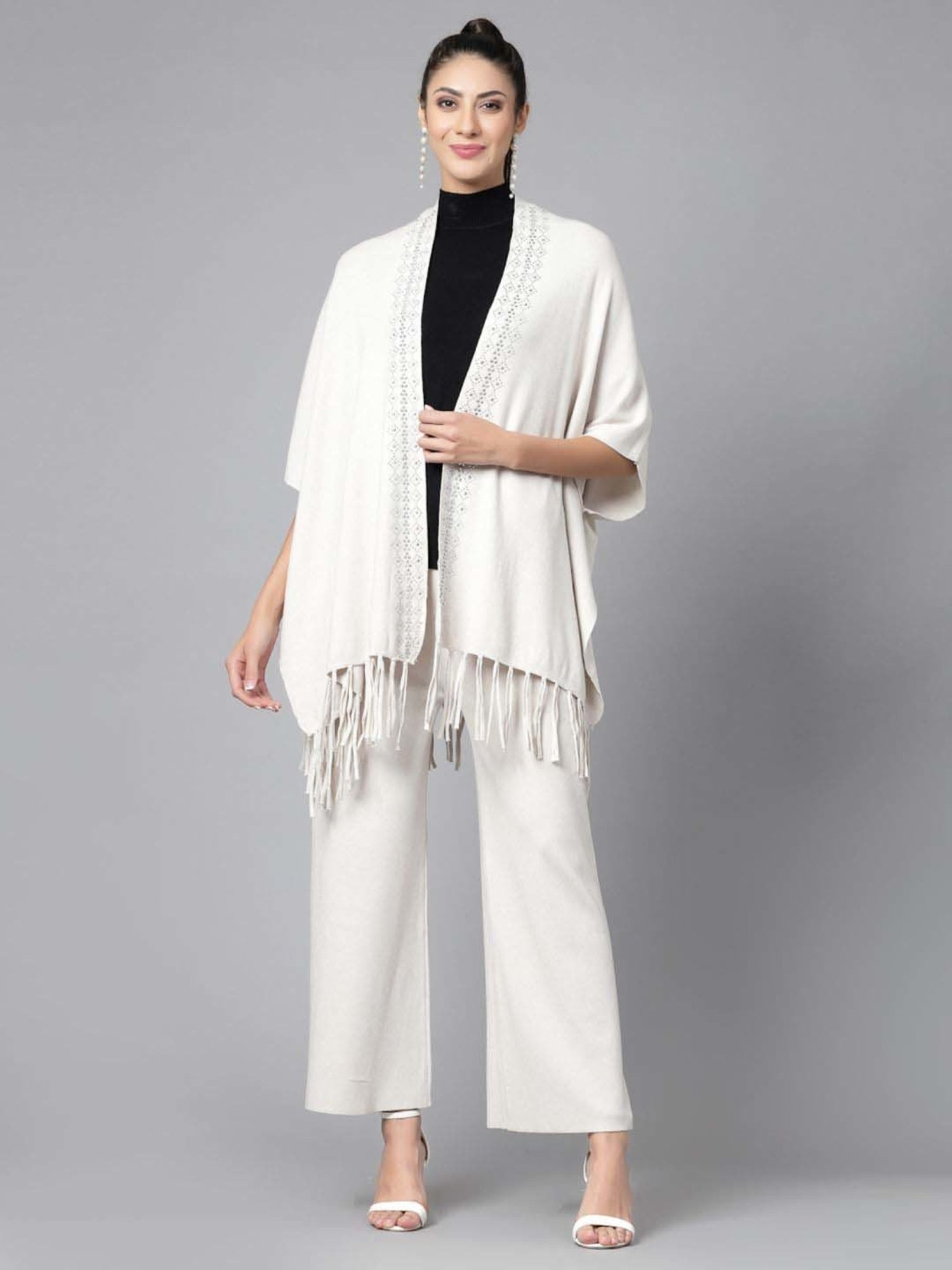 Mafadeny White Embellished Top Pants Set With Shrug