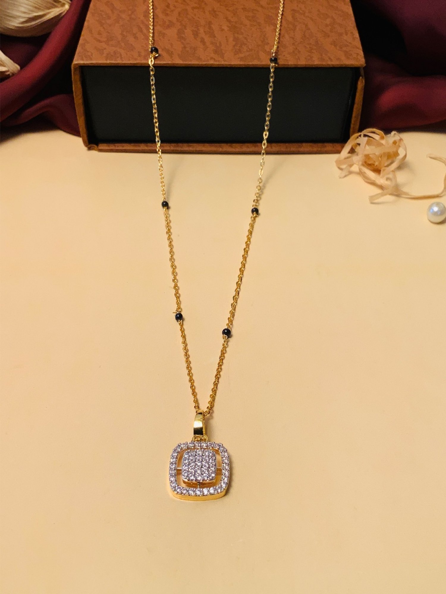 Abdesigns Gold-Plated American Diamond & Black Beaded Mangalsutra