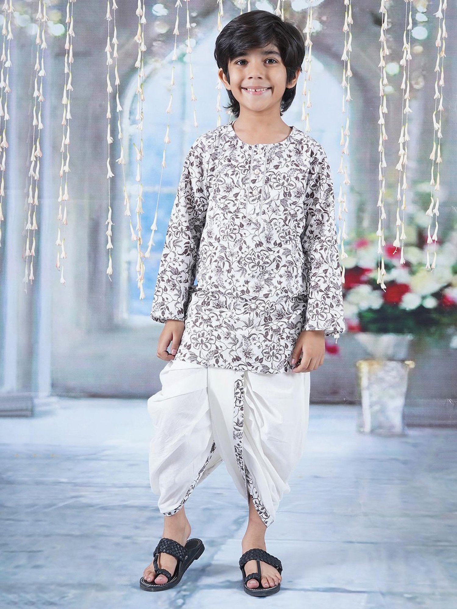Little Bansi Kids White & Black Floral Print Kurta with Dhoti