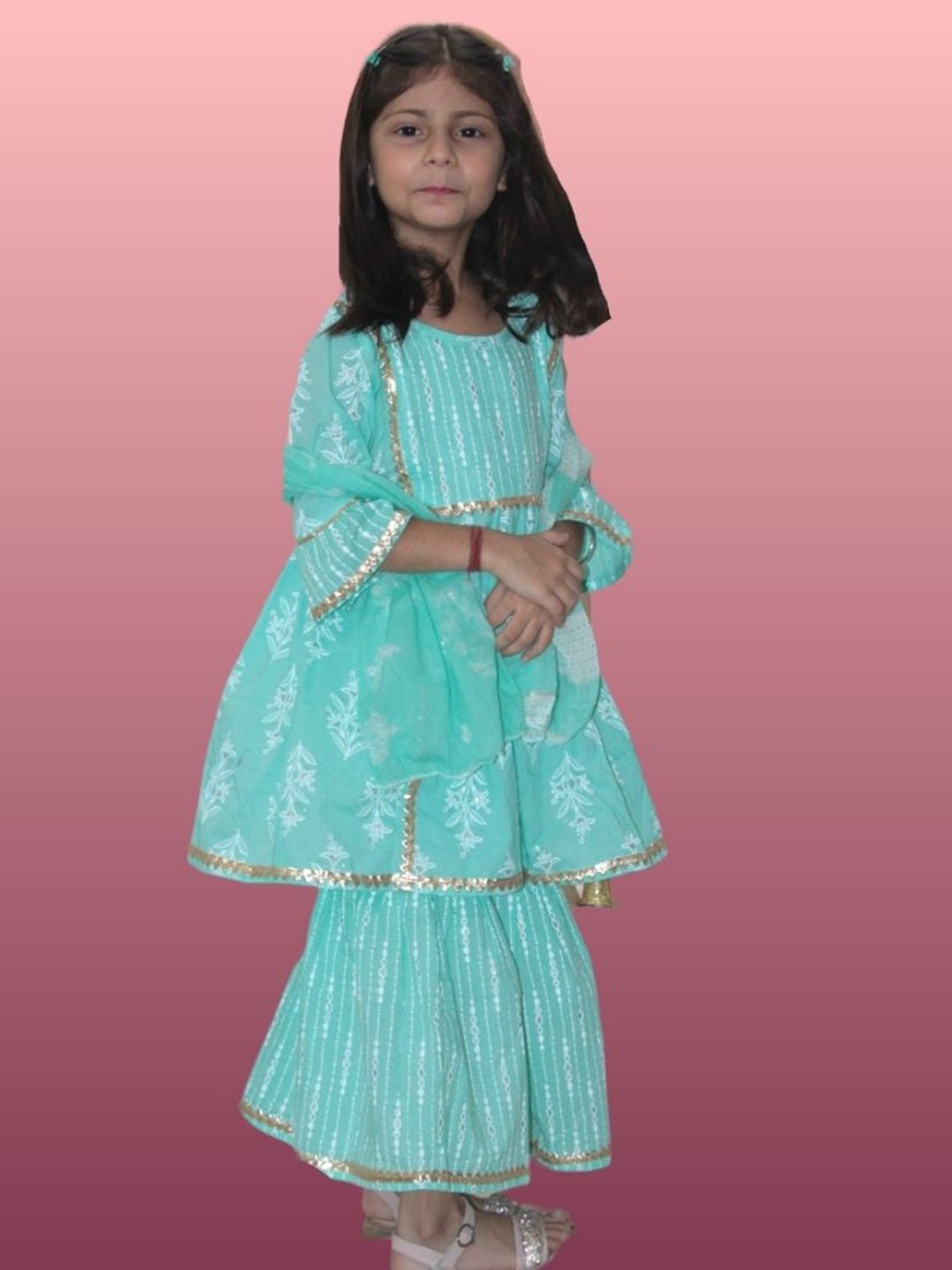 Tippy Top Kids Turquoise Floral Print Kurta, Sharara with Dupatta