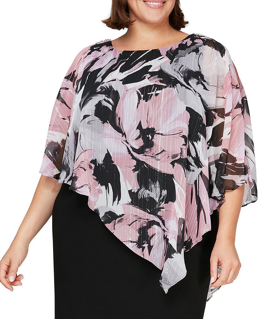 Jkara Plus V-Neck Short Sleeve Beaded Bodice Capelet Gown