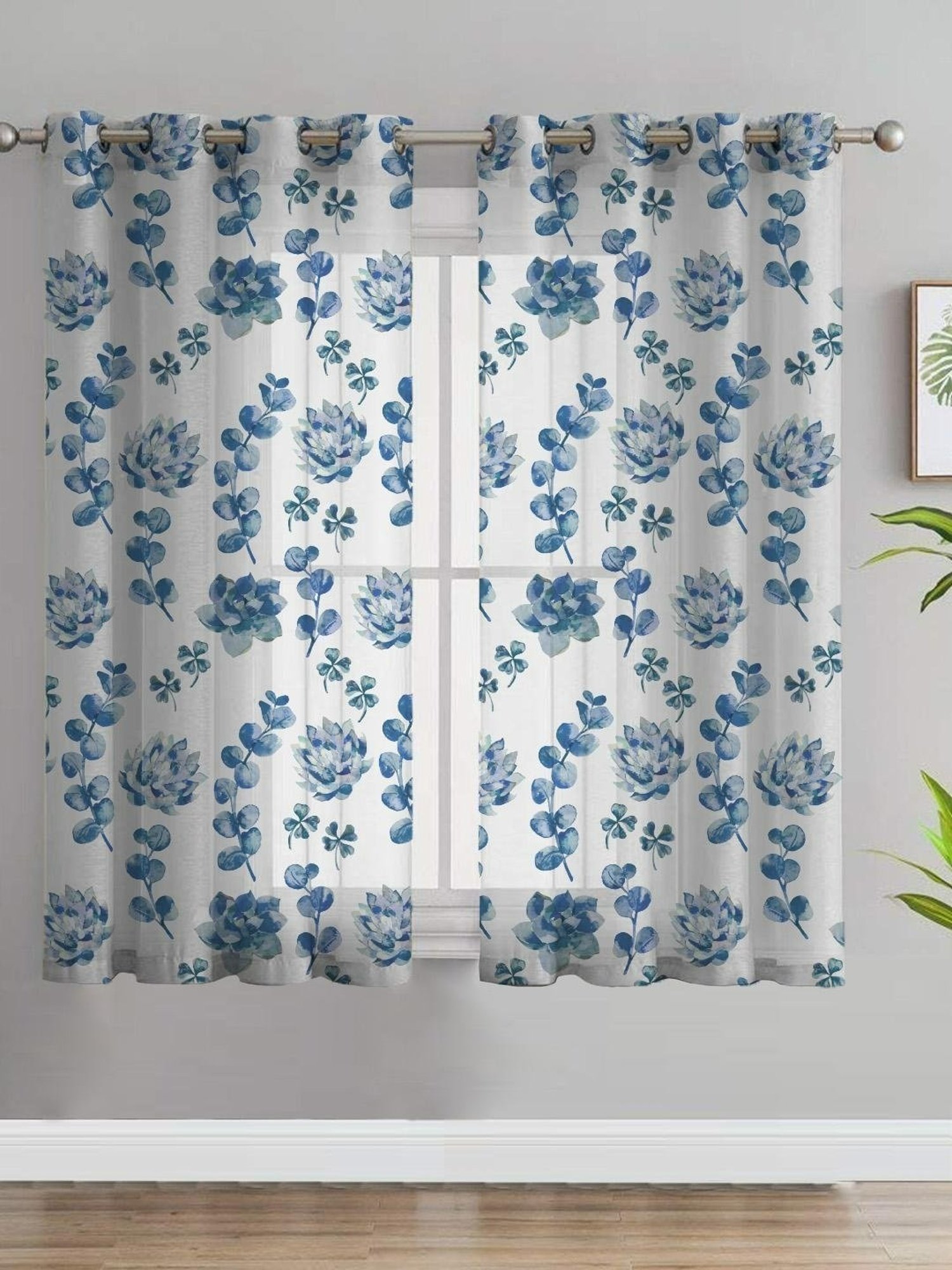 SPACES DRAPE STORY Elegent Floral Blue & White Polyester 5 ft Window Curtains - Set of 2