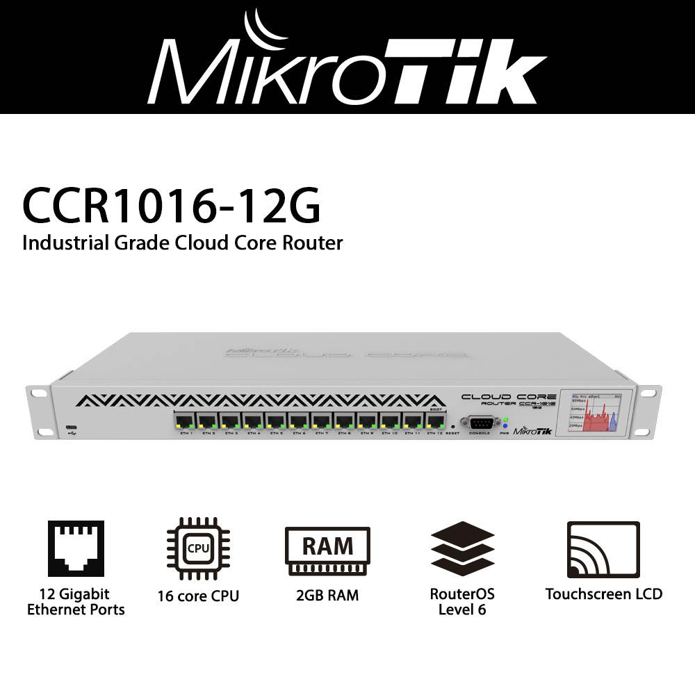 Mikrotik CCR1016-12G 12 Gigabit Ethernet Ports Industrial Grade Cloud Core Router with 16 core CPU plus 2GB RAM and Touchscreen LCD