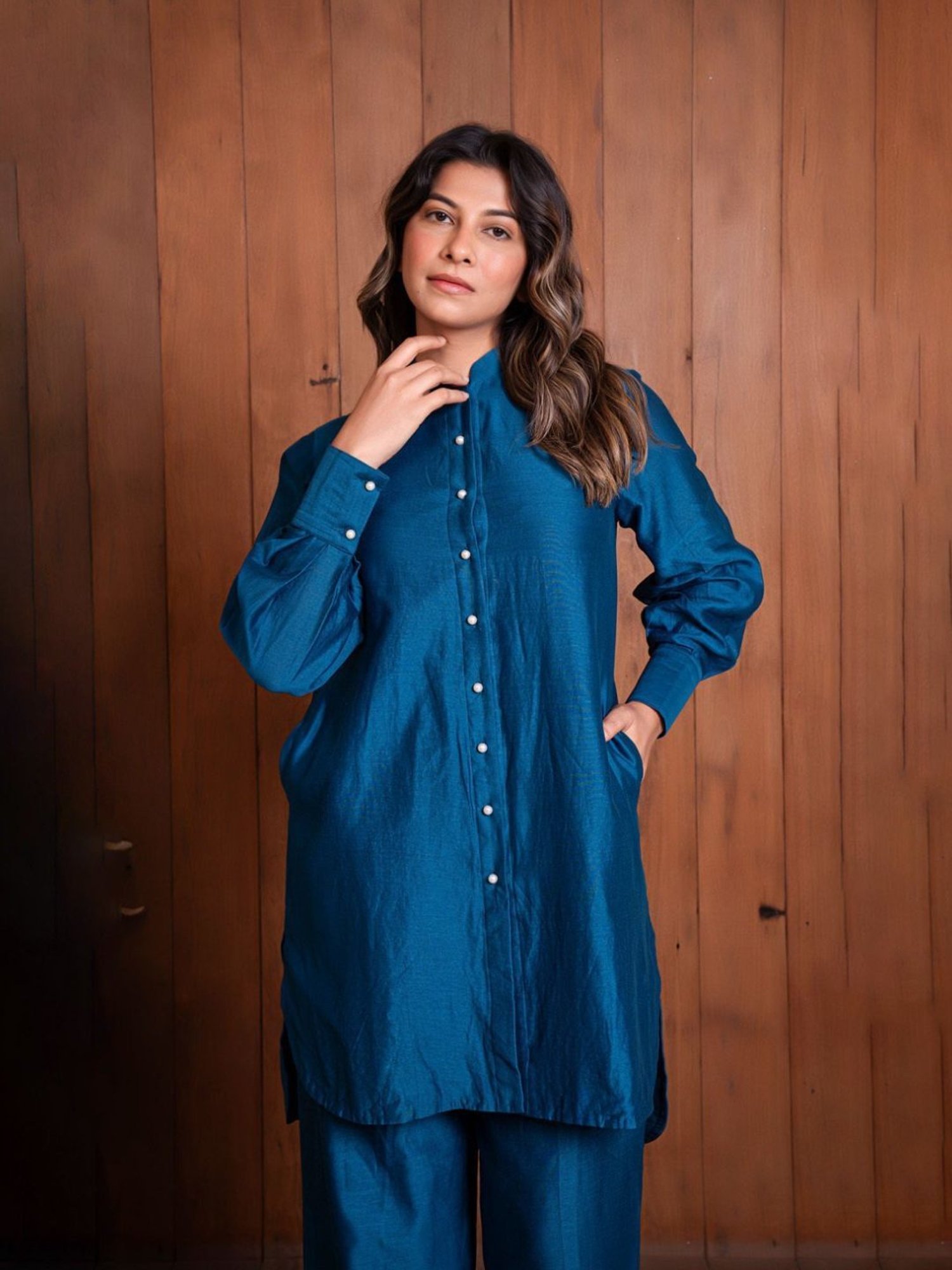 Eeshva India Blue Solid Chanderi Kurta with Pant