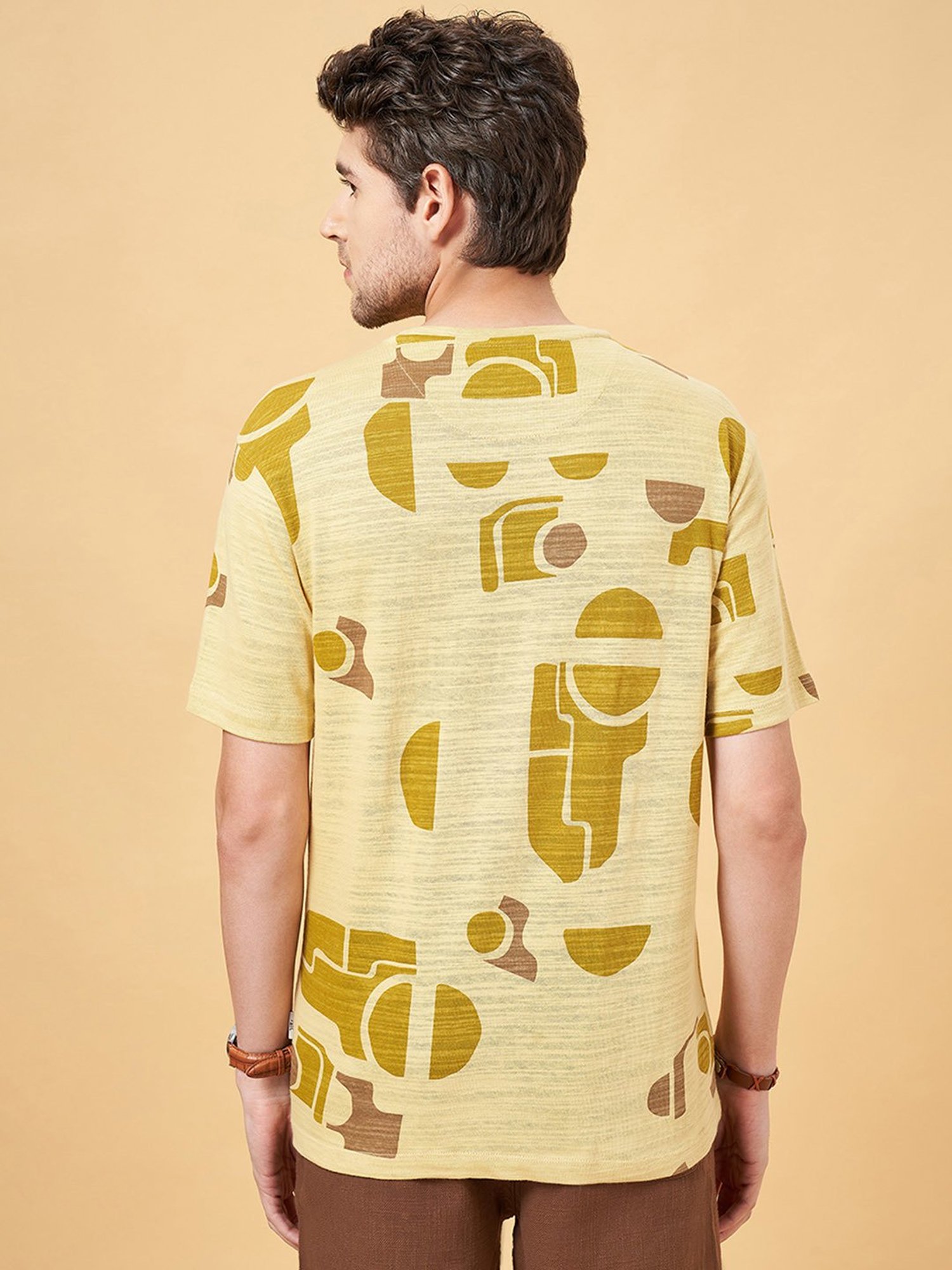 7 Alt by Pantaloons Mustard Relaxed Fit Printed Crew T-Shirt