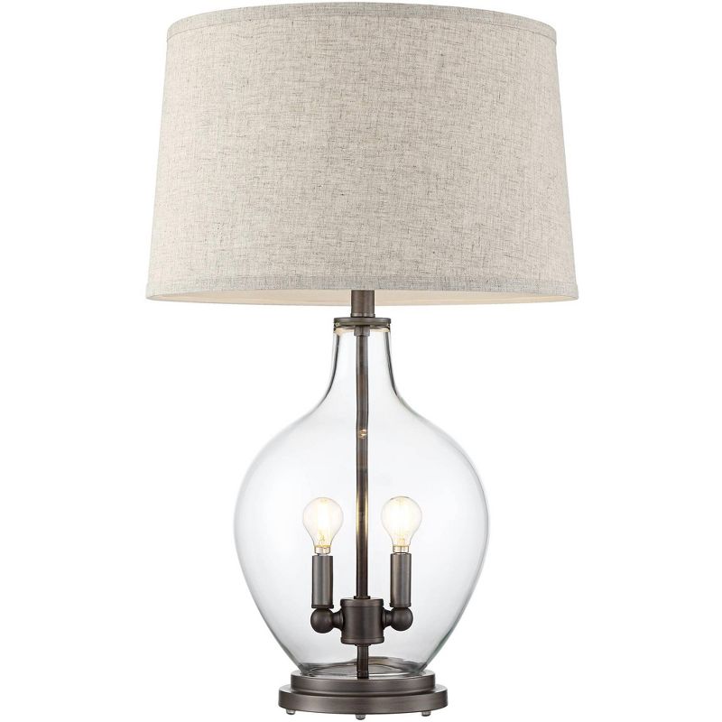 Regency Hill Cottage Table Lamp with Nightlight LED Fillable Clear Glass Drum Shade for Living Room Family Bedroom Nightstand