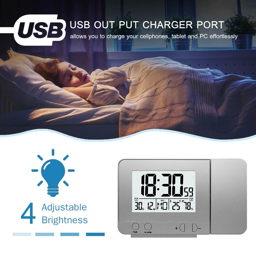 Projection Alarm Clock for Bedroom with Thermometer Hygrometer Digital Project Ceiling Clock Dimmablewith Charger