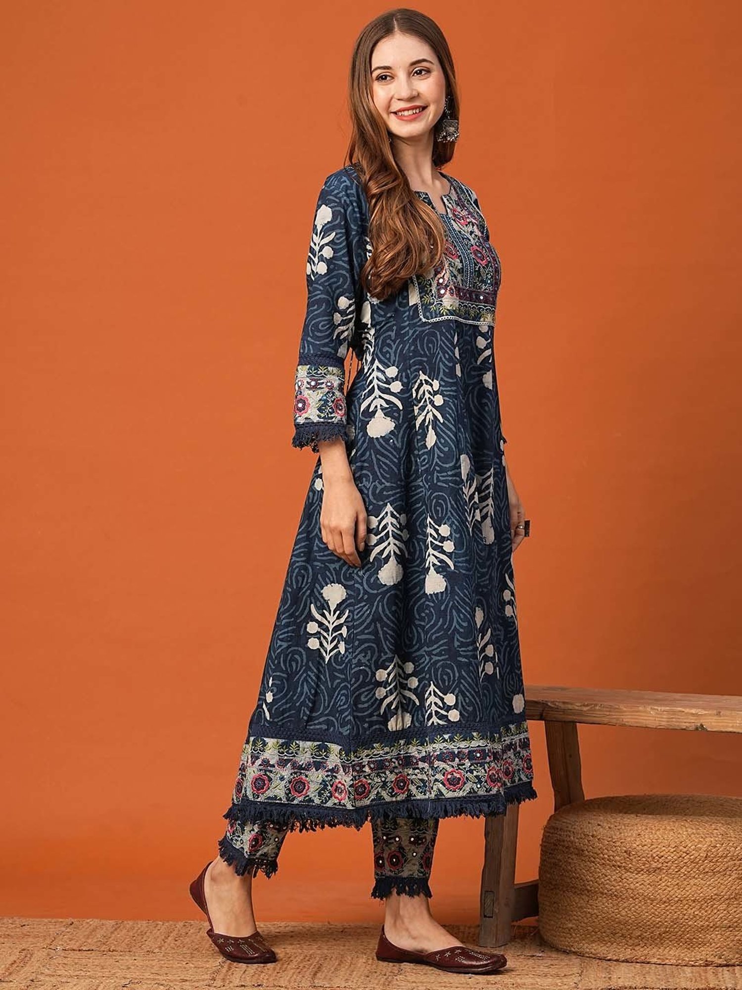 Fashor Indigo Blue Printed Kurta & Pants Set
