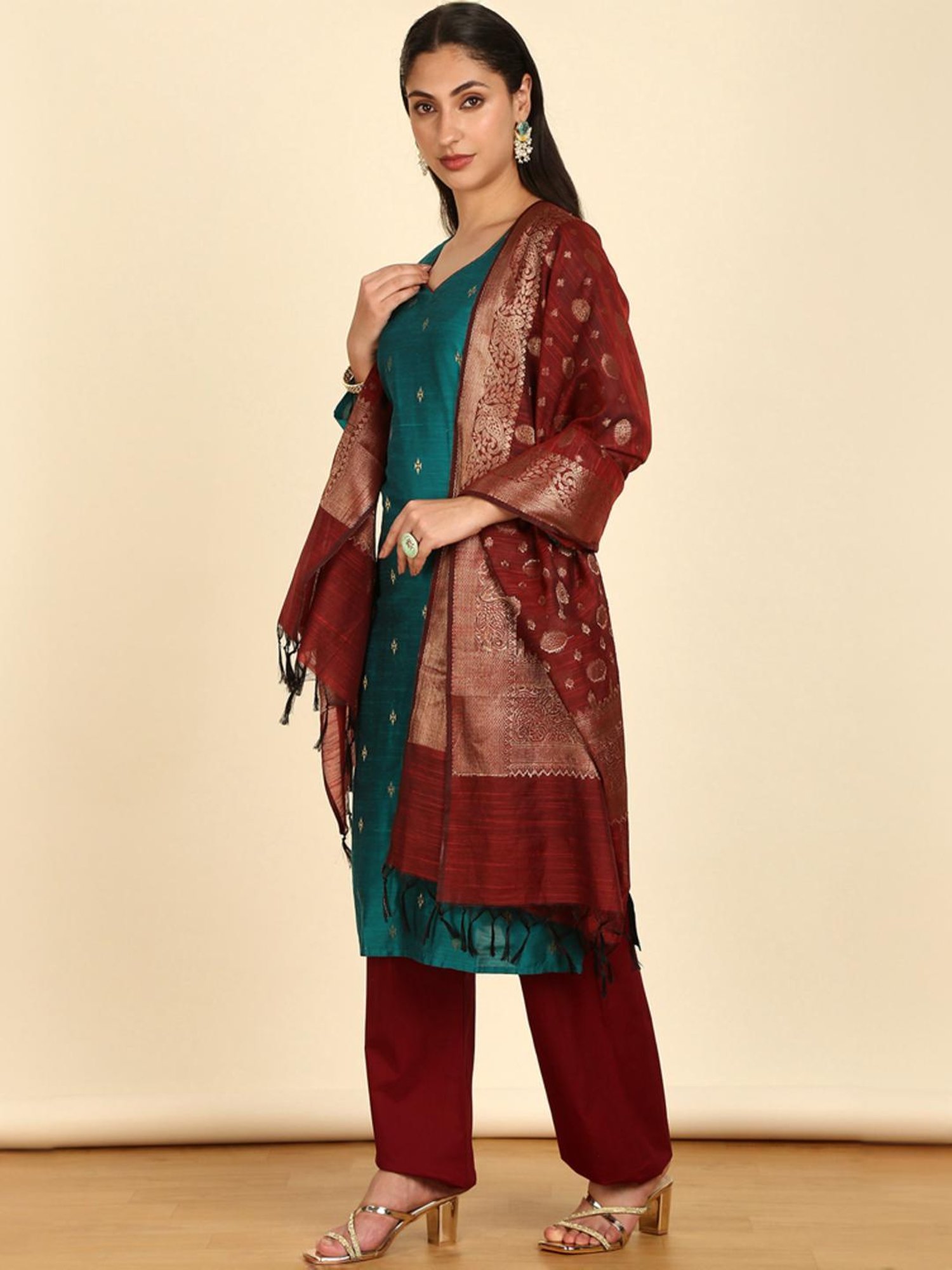 Soch Womens Teal Silk Blend Zari Woven Unstitch Dress Material