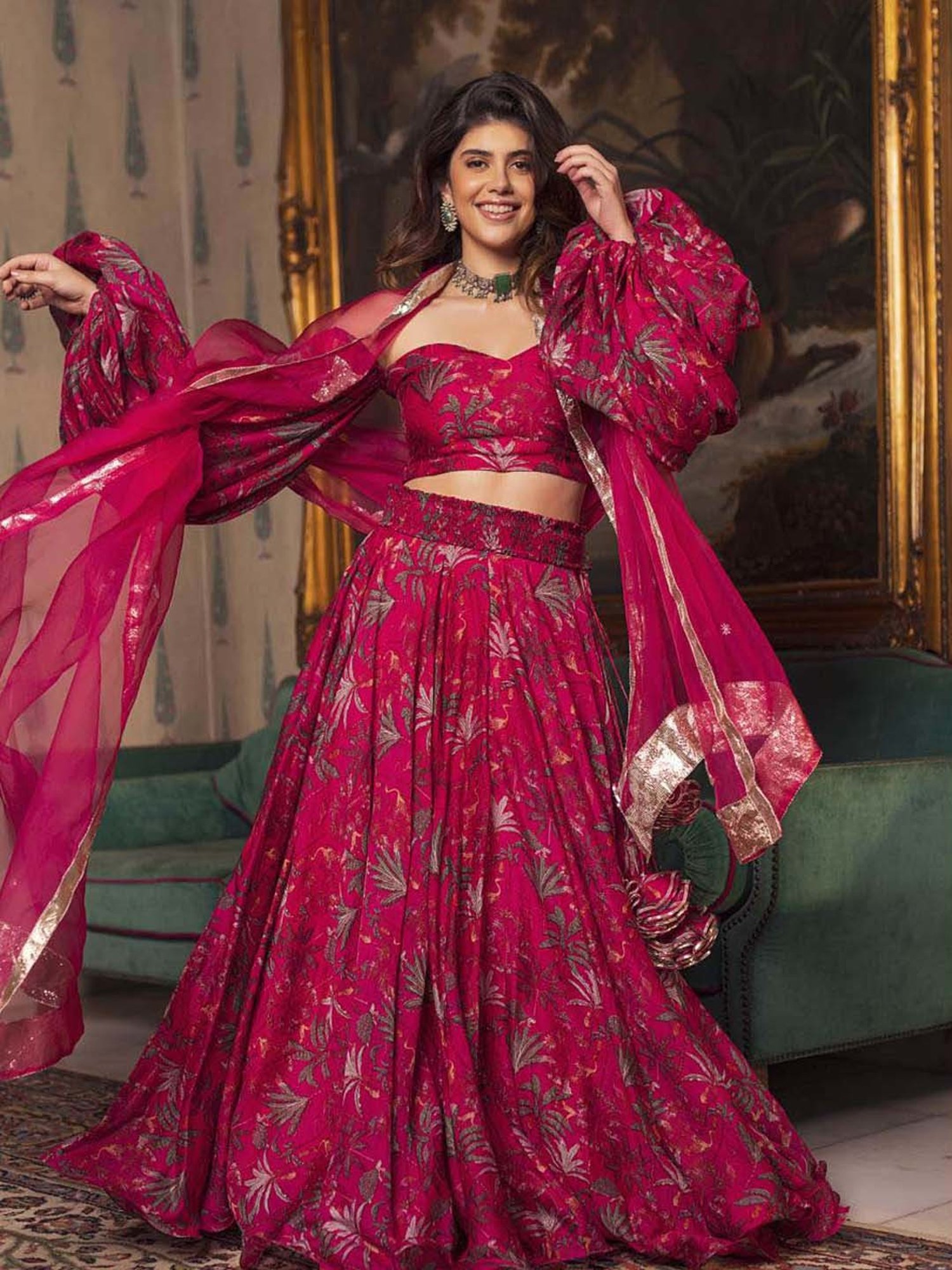 AACHHO Pink Floral Print Lehenga Choli Set With Dupatta