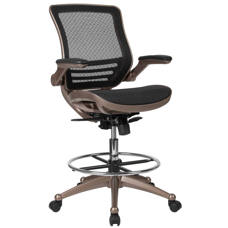 Mid Back Transparent Mesh Drafting Chair with Gold Frame and Flip Up Arms Black - Riverstone Furniture