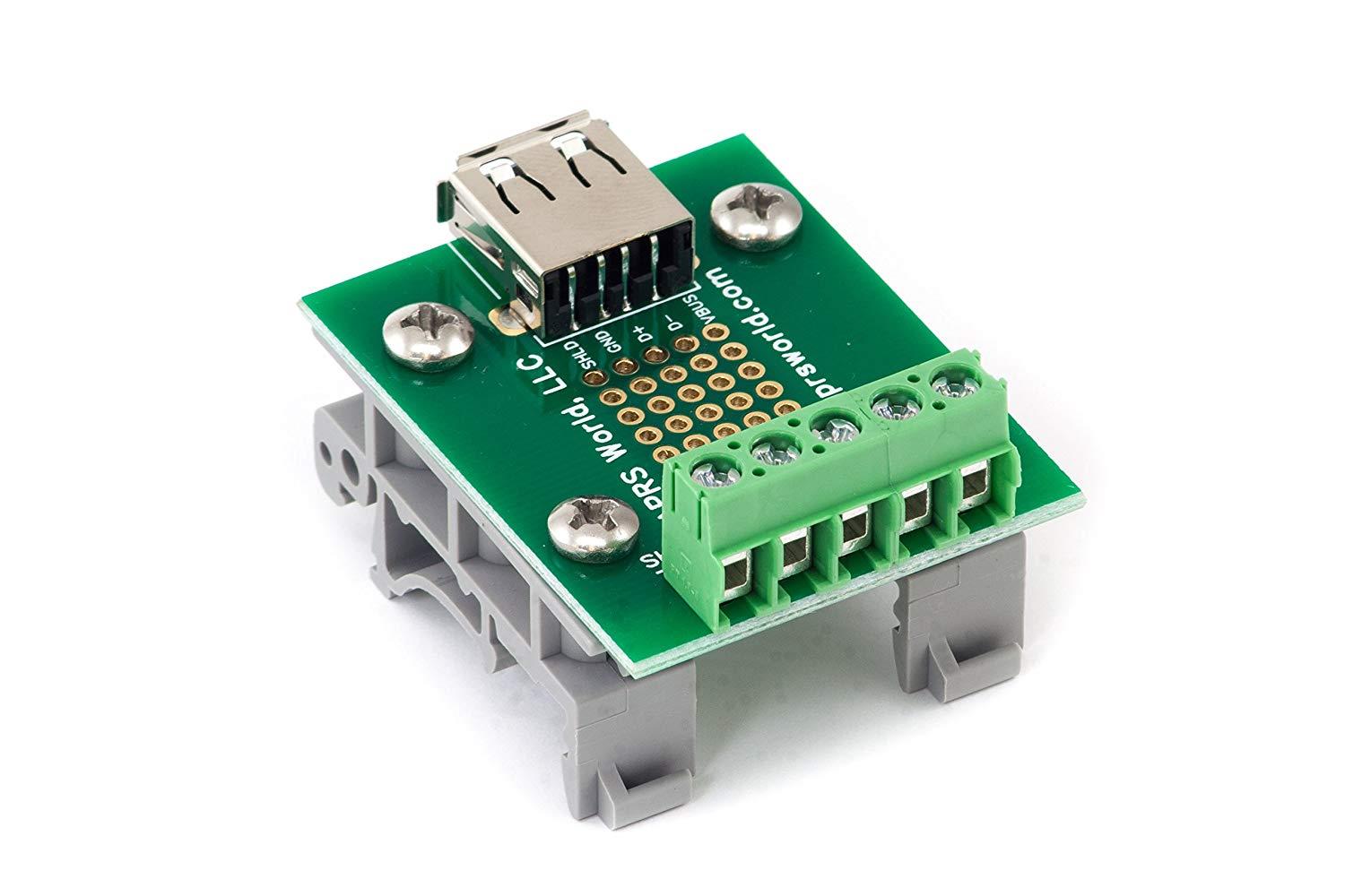 USB A Jack Breakout Board to Screw Terminals with DIN Rail Clips