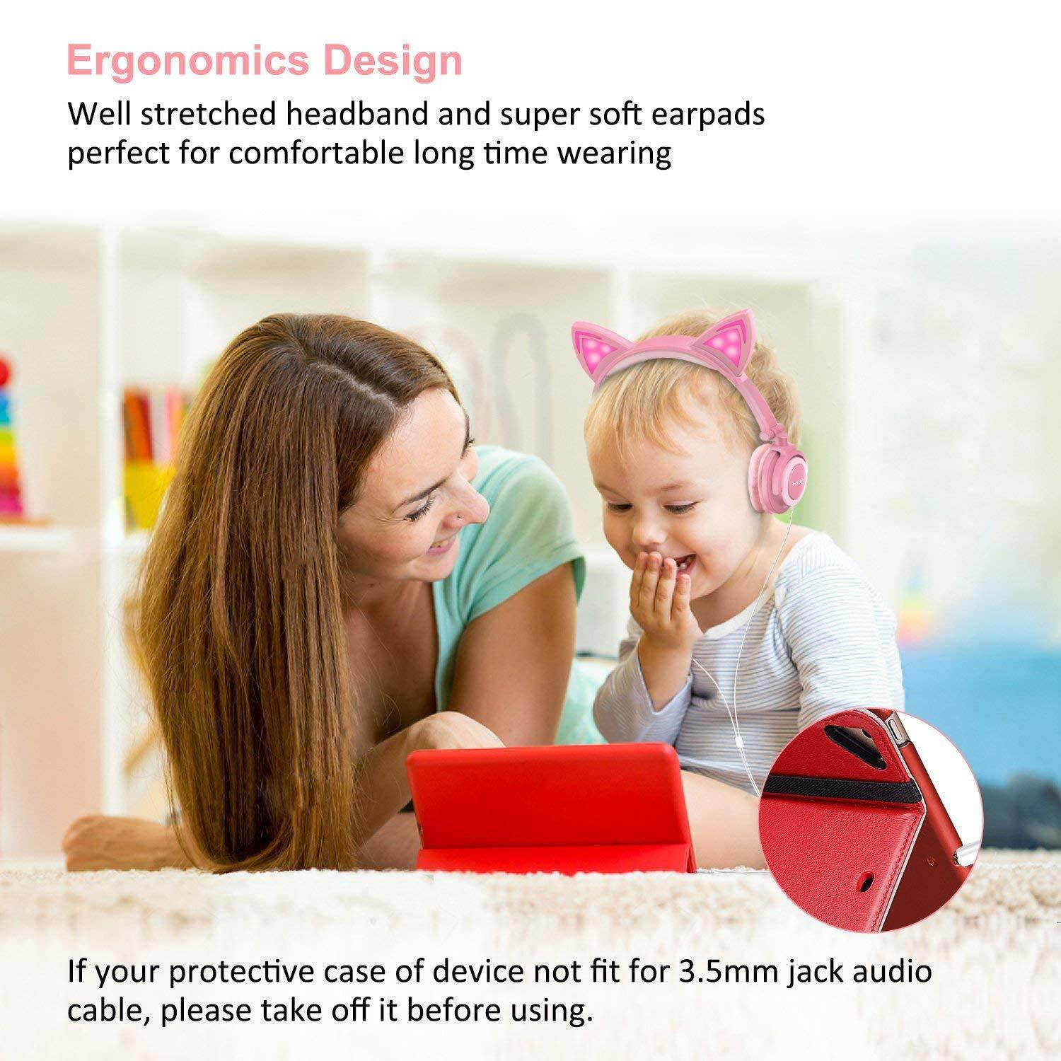 Kids Headphones, Ifecco Cat Ear Headphones Light Glowing Over Ear Headset Pink for Girls with 3.5mm Audio Cable