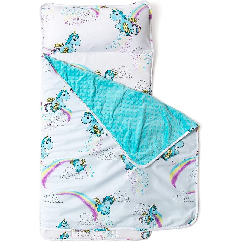 JumpOff Jo Toddler Nap Mat, Children's Sleeping Bag with Removable Pillow for Preschool, Daycare, and Sleepovers, 43 x 21 Inches, Unicorn Pixie Dust