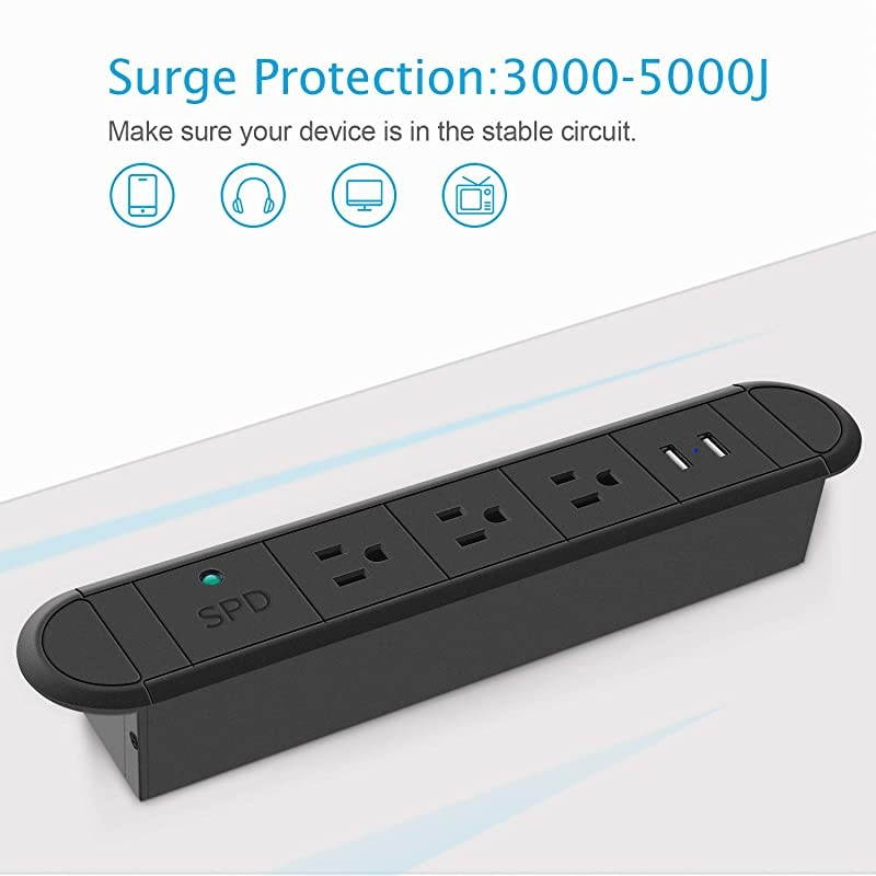 Recessed Power Strip with USB Ports Furniture Desk Recessed Plug Outlet Metal Surge Protector Power Strip with 656FT Cord 120V 12A 1440W