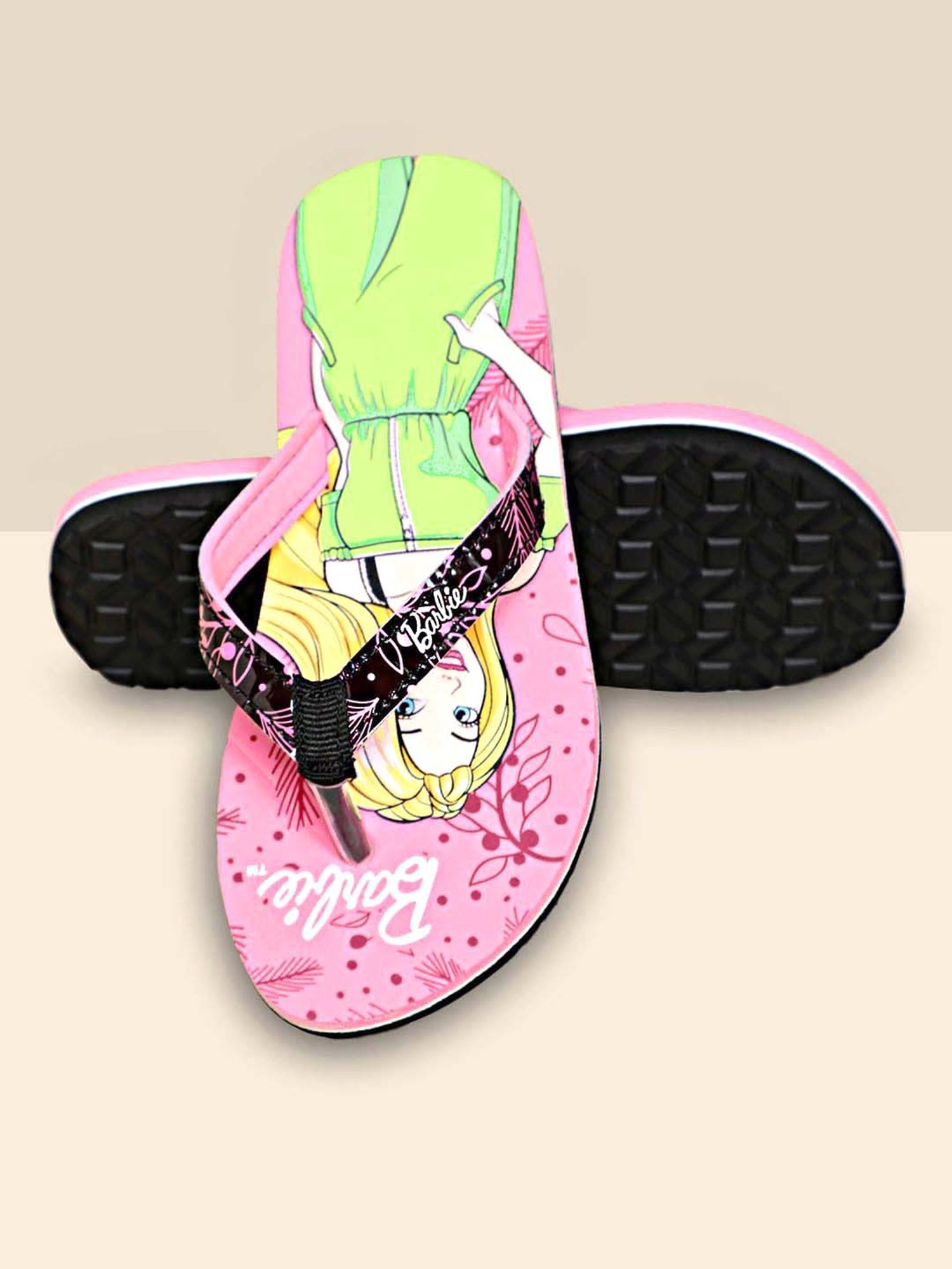 Kidsville Barbie Printed Pink & Green Flip Flops