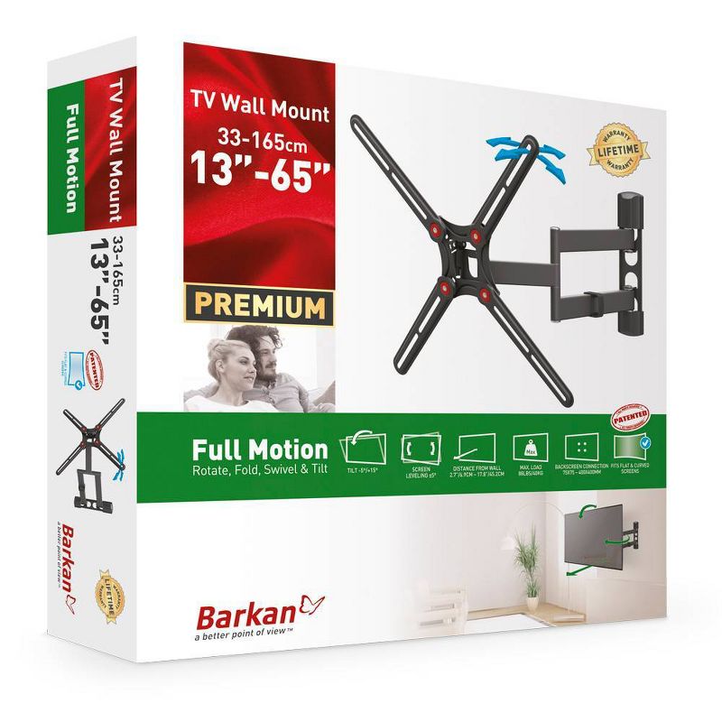 Barkan 13 - 65" Full Motion - 4 Movement Flat / Curved TV Wall Mount Black